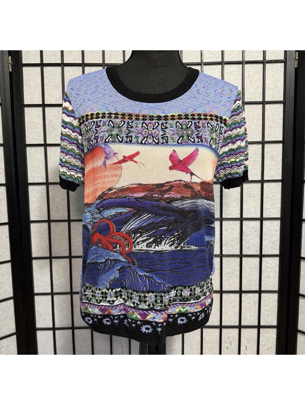 Desigual Scenic Novelty Knit Top Whale Birds Octopus Print Sz XL